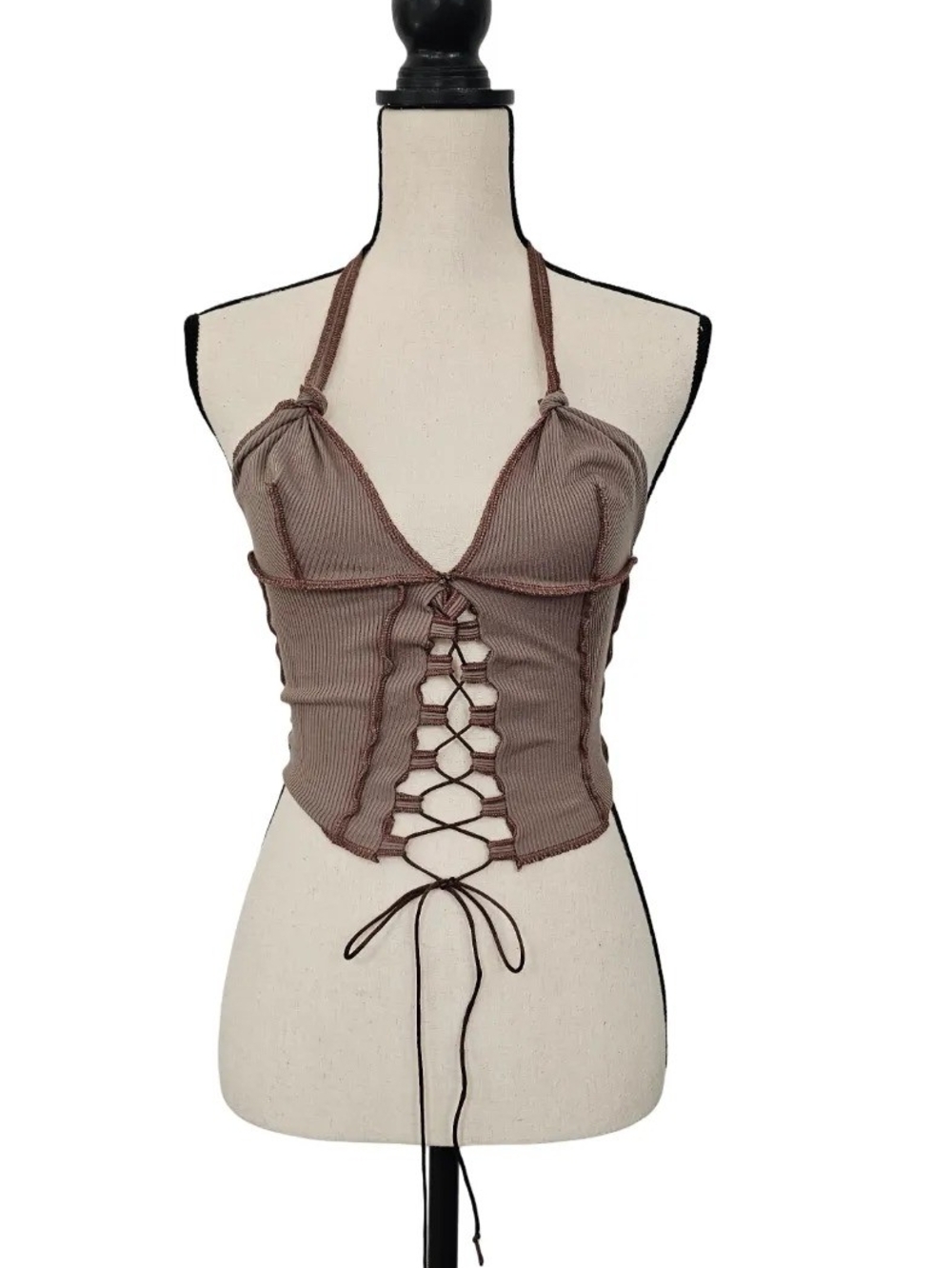 Brown Ribbed Halter Corset Top Lace Up Front Y2K Fairy Grunge